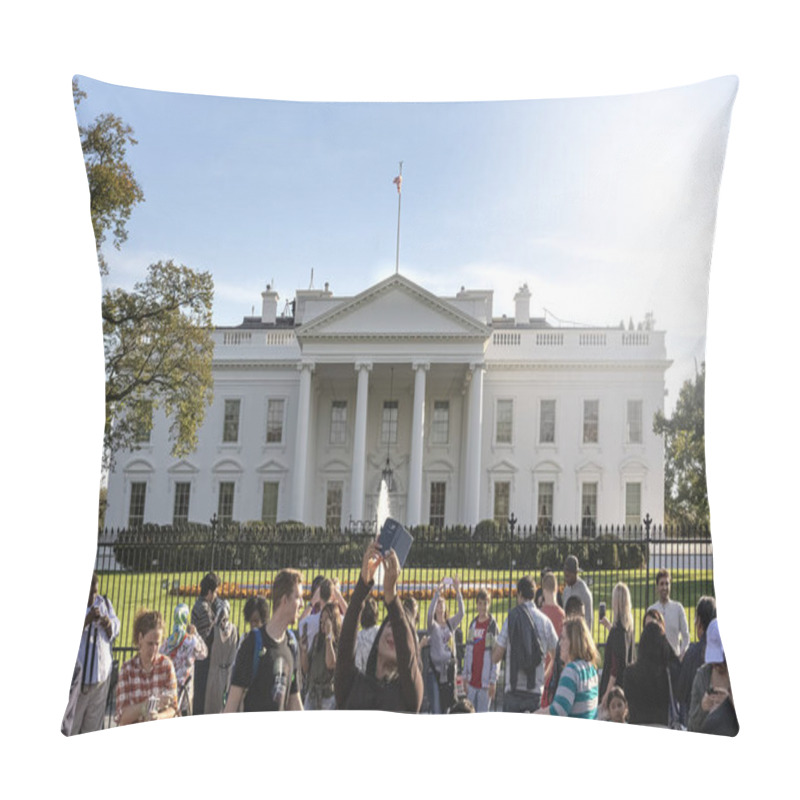 Personality  Tourists Taking Photos In Front Of The White House On A Sunny Day. Tourism And Travel Pillow Covers