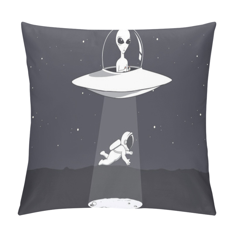 Personality  An Alien On A Flying Saucer Abducts An Astronaut.Vector Illustration Pillow Covers