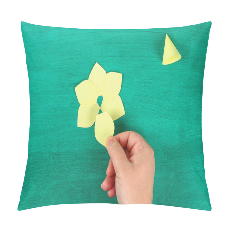 Personality  DIY Spring Flowers Daffodils Of Yellow Paper On A Green Background. Gift Ideas, Decor For Spring, Easter. Handmade. Step By Step. The Process Of Crafts. Top View. Childrens Easter Crafts. Pillow Covers