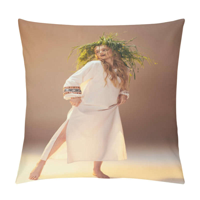 Personality  Young Mavka In A White Dress Gracefully Balances A Plant On Her Head In A Whimsical And Enchanting Display. Pillow Covers