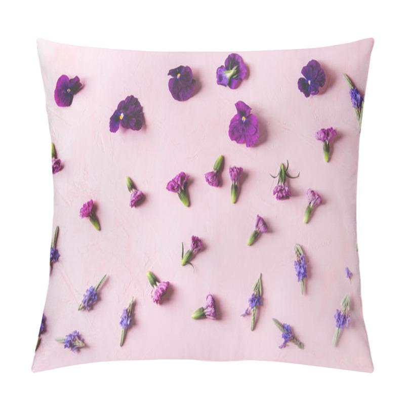 Personality  Variety Of Purple Edible Flowers For Dish Decorating Over Pink Pastel Background. Top View, Space. Pillow Covers