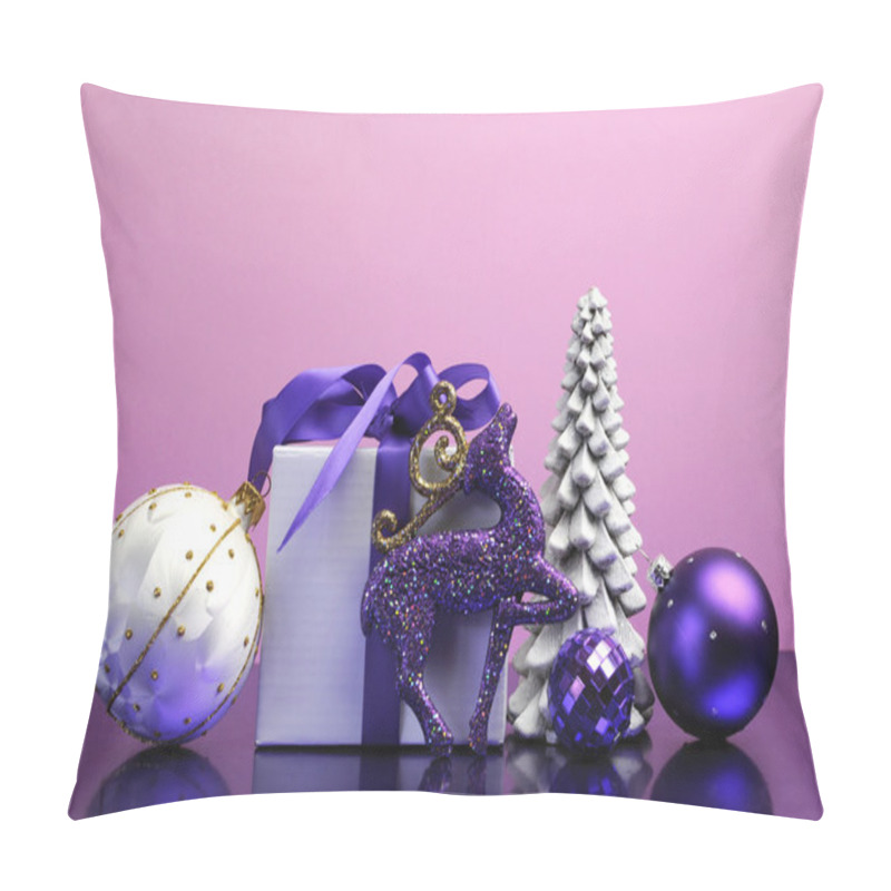 Personality  Purple Theme Christmas Tree, Gift And Baubles Festive Holiday Still Life. Pillow Covers