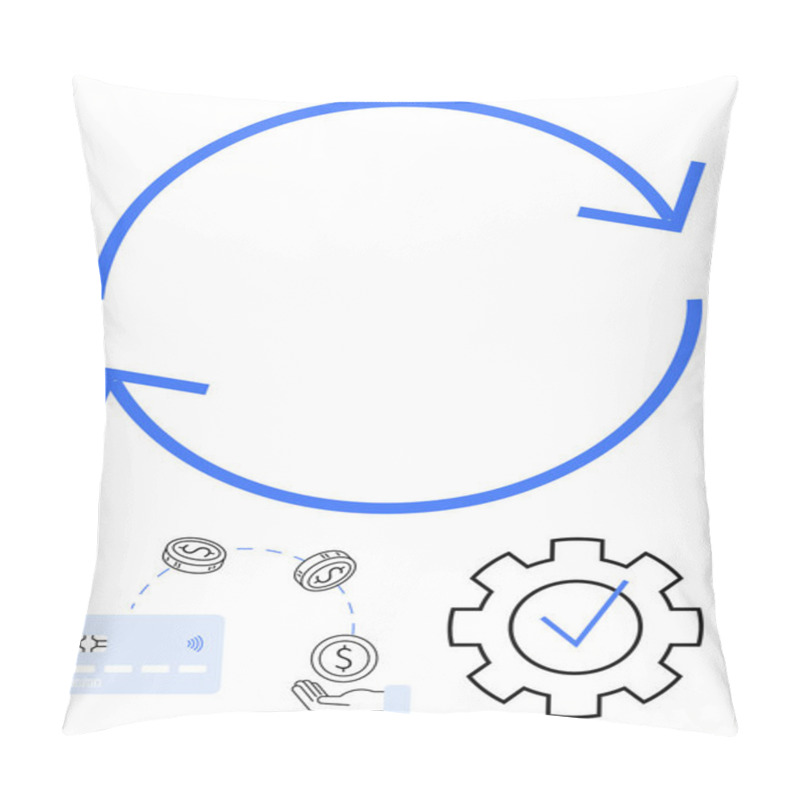 Personality  Circular Arrows With Financial Elements Including Coins, Credit Card, And Hand Holding Coin, Surrounding A Gear With Checkmark. Ideal For Finance, Automation, Process, Transactions, Currency Tech Pillow Covers