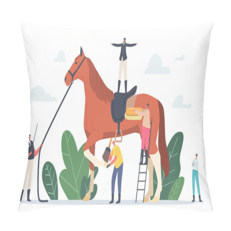 Personality  Equestrian Sport, Horse Training Concept. Stableman And Trainer Characters Around Of Thoroughbred Stallion With Jockey Pillow Covers