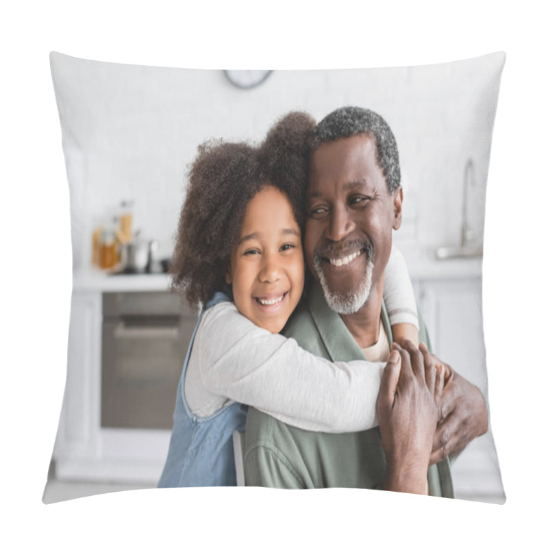 Personality  Portrait Of Happy African American Girl With Curly Hair Smiling And Embracing Cheerful Grandfather At Home  Pillow Covers