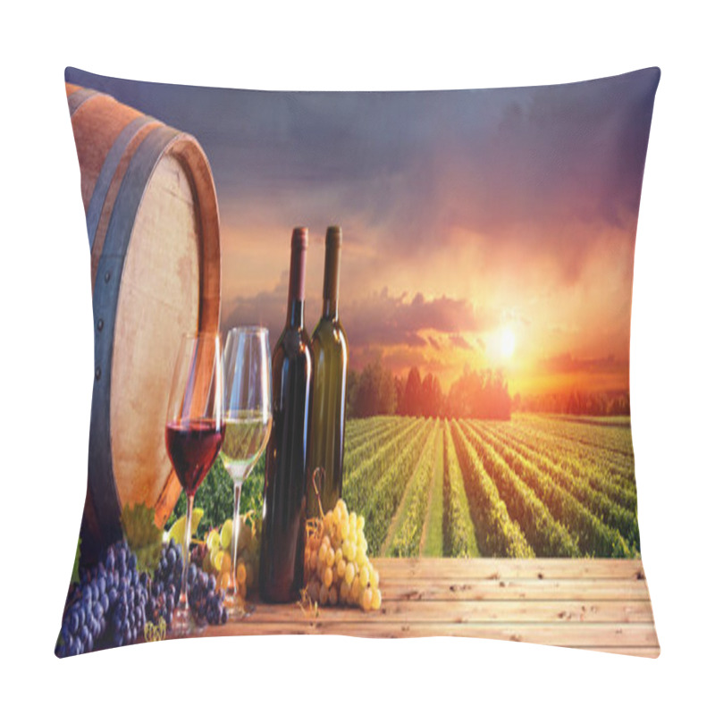 Personality  Bottles And Wineglasses With Grapes And Barrel In Rural Scene Pillow Covers