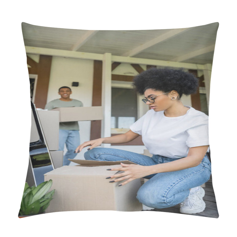 Personality  African American Woman Unpacking Package Near Blurred Boyfriend, Boxes And New House Pillow Covers