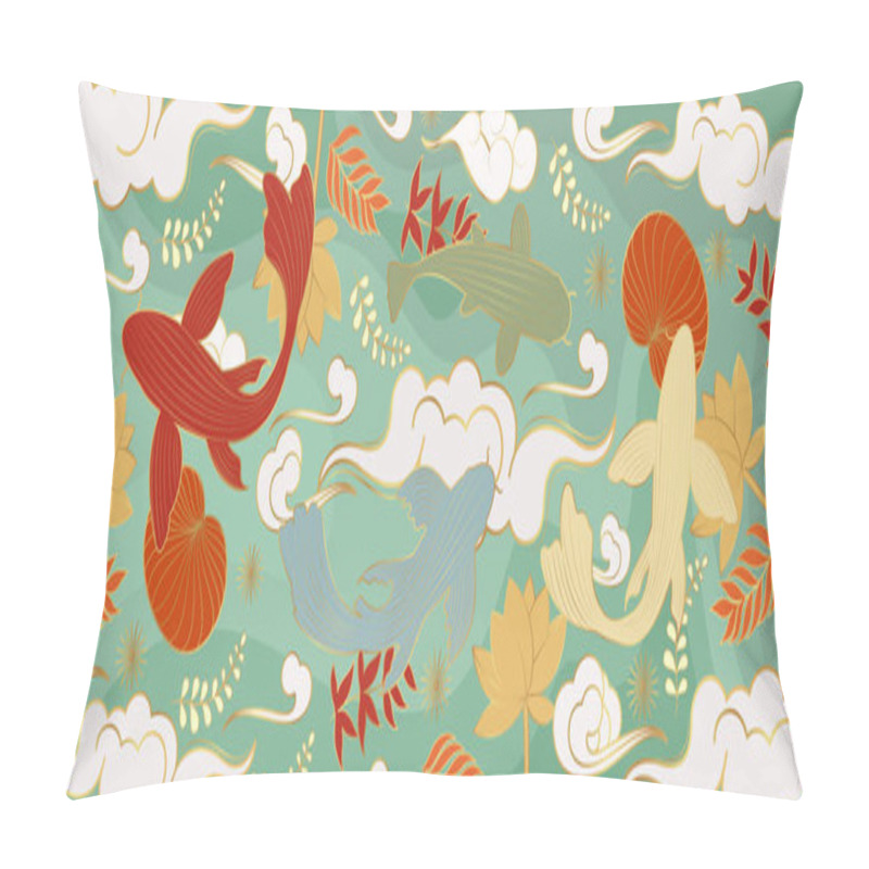 Personality   Vector Poster On A Japanese Theme With Carp And Waves. Asian Background. Pillow Covers