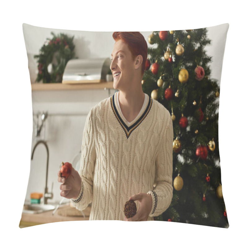 Personality  The Young Man Enjoys Festive Moments As He Prepares Decorations For Christmas With Joy And Laughter. Pillow Covers