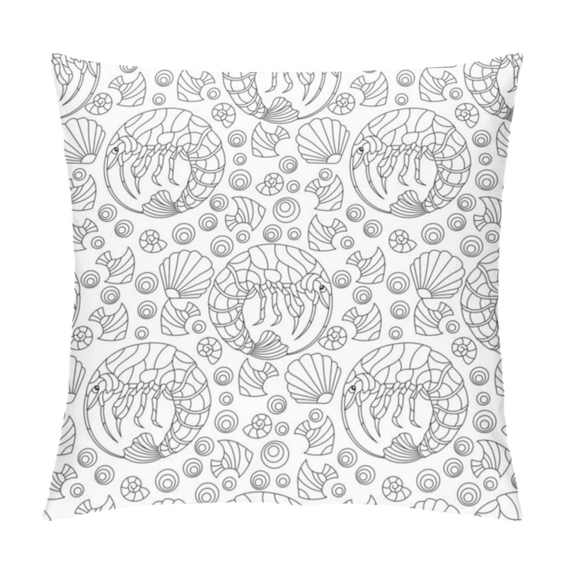 Personality  Seamless Illustration With Contour Shrimps, Fishes And Shells, Dark Outline Animals On A White Background Pillow Covers