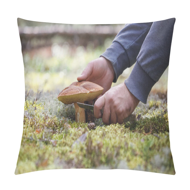 Personality  The Search For Mushrooms In The Woods. Man Is Cutting Mushroom With A Knife. Pillow Covers