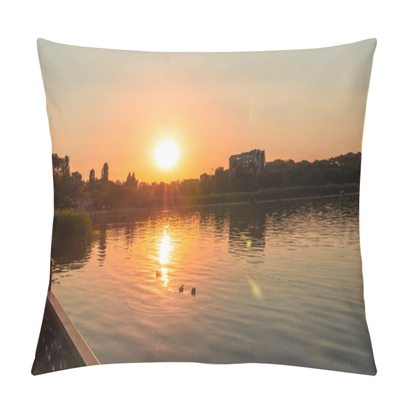 Personality  A Lake With The Sunset In The Background, Casting A Warm Glow Pillow Covers