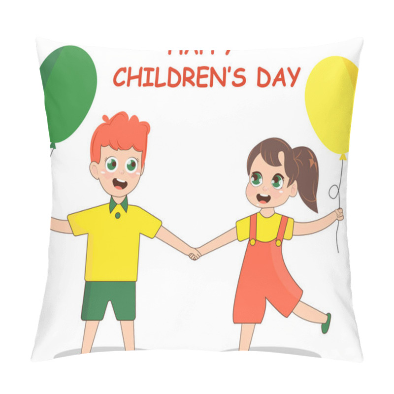 Personality  Illustration Of Happy Boy And Girl Holding Balloons Near Happy Childrens Day Lettering On White Pillow Covers