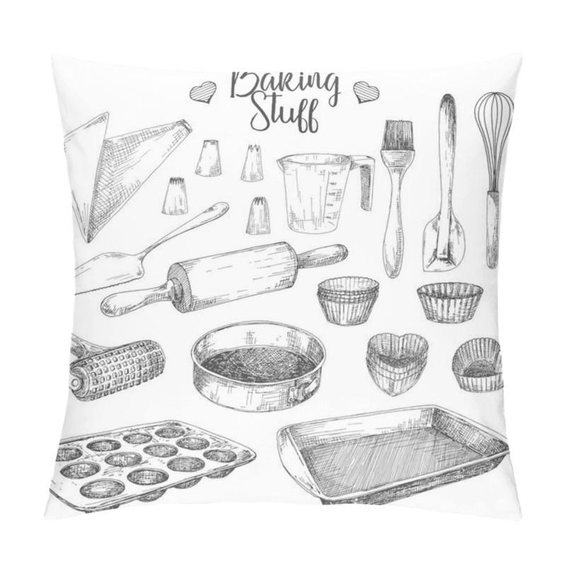 Personality  Set Of Dishes For Baking. Baking Stuff Vector Illustration In Sketch Style. Pillow Covers