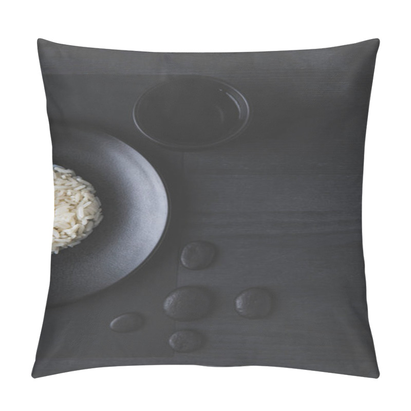 Personality  Top View Of Rice On Plate With Cup Of Tea On Black Table Pillow Covers