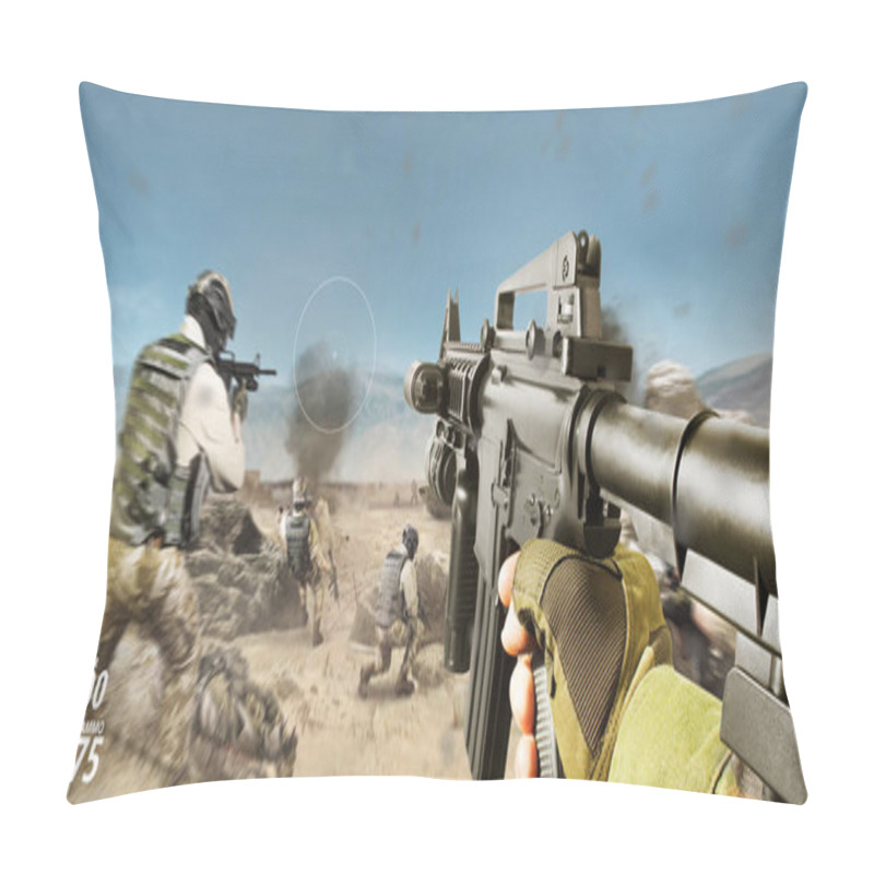 Personality  Desert Battlefield First Person Vr Rifle View With Soldiers And Explosions. Pillow Covers