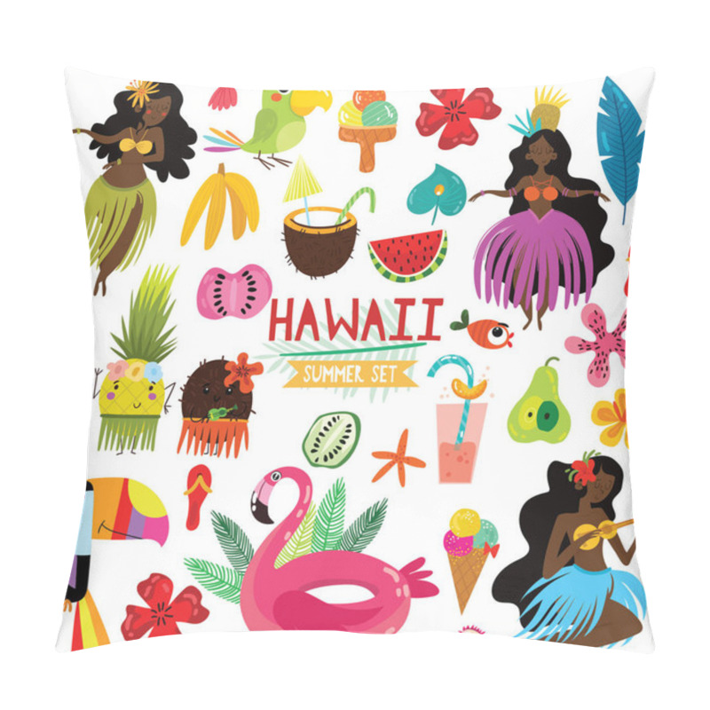 Personality  Summer Set Of Hawaiian Symbols And Elements- Fruits , Toucan, Flamingo,ice Cream And Tropical Leaves. Perfect For Web, Card, Poster Or T-shirt. Vector Illustration Pillow Covers