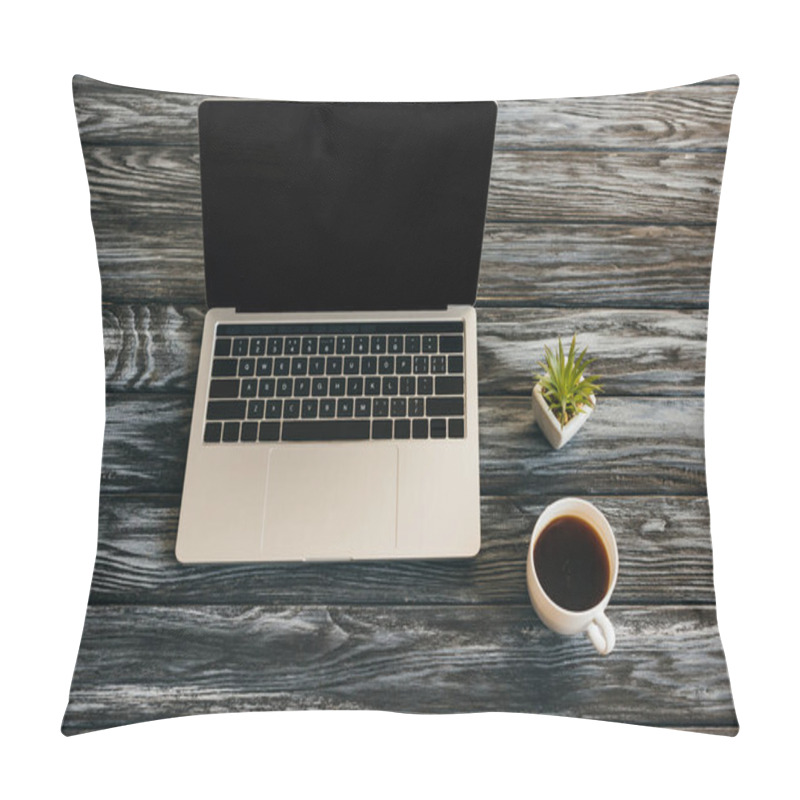 Personality  Cup Of Coffee, House Plant And Laptop With Blank Screen On Dark Wooden Surface Pillow Covers