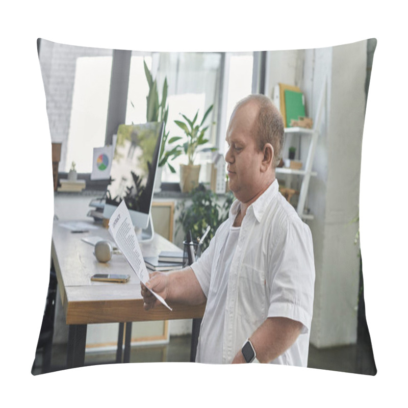 Personality  A Man With Inclusivity In A White Shirt Is Reviewing Documents At A Desk In A Modern Office. Pillow Covers