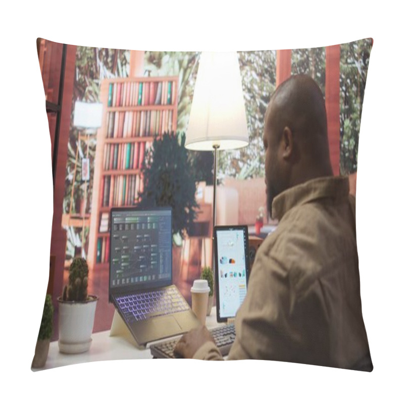 Personality  AI Software Engineer Coding Modern Innovative Development Project On His Gadgets, Showcasing Machine Learning And Data Processing On Neural Network. Artificial Intelligence Business. Camera B. Pillow Covers