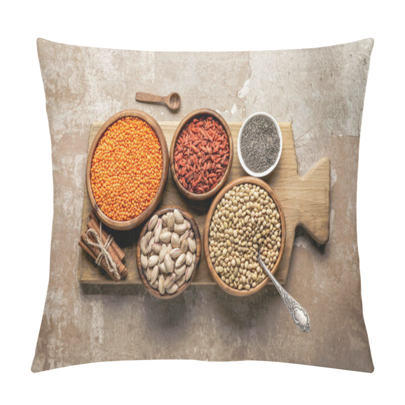 Personality  Top View Of Wooden Board With Legumes, Goji Berries And Healthy Ingredients With Rustic Background Pillow Covers