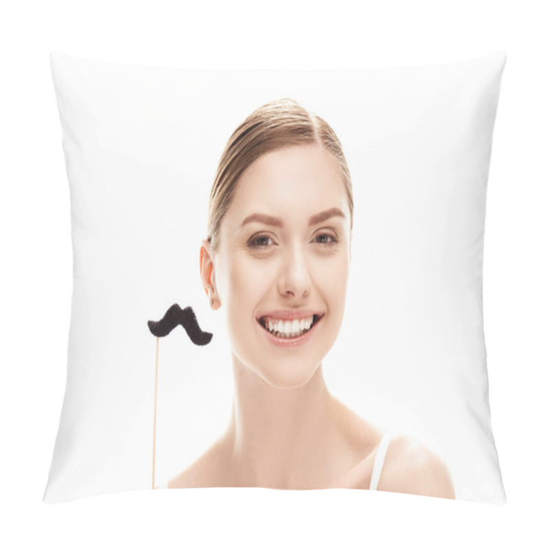 Personality  Young Woman With Fake Moustache  Pillow Covers