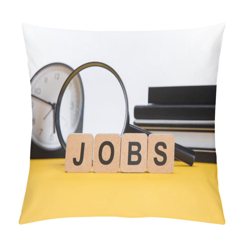 Personality  Cardboard Squares With Jobs Inscription Near Magnifying Glass, Notebooks And Clock On Yellow Surface Isolated On White Pillow Covers