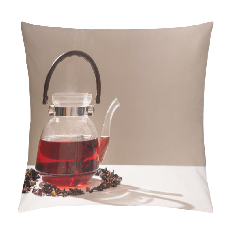 Personality  Red Hibiscus Tea From The Petals Of A Sudanese Rose In A Glass Teapot, Copy The Place For The Text. Pillow Covers