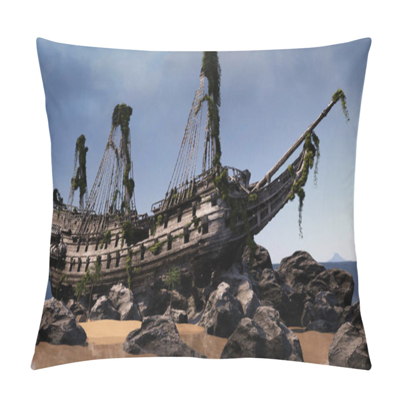 Personality  CGI Wrecked Pirate Ship, Beached Sailing Ship, Ancient Ocean Wreck Pillow Covers