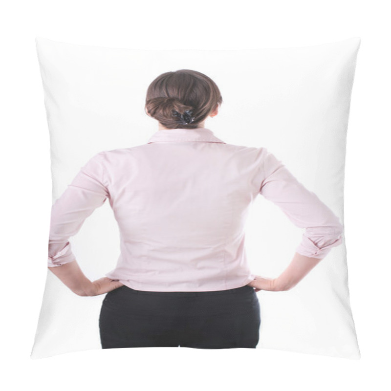 Personality  Back View Of Thoughtful Business Woman Contemplating, Isolated On White. Pillow Covers