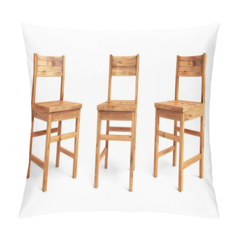 Personality  Three Wooden Chairs Arranged Artistically Against A White Background, Showcasing A Minimalist Design. Pillow Covers