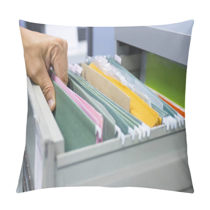 Personality  Hand Of Man Search Files Document In A File Cabinet In Work Office, Concept Business Office Life. Pillow Covers