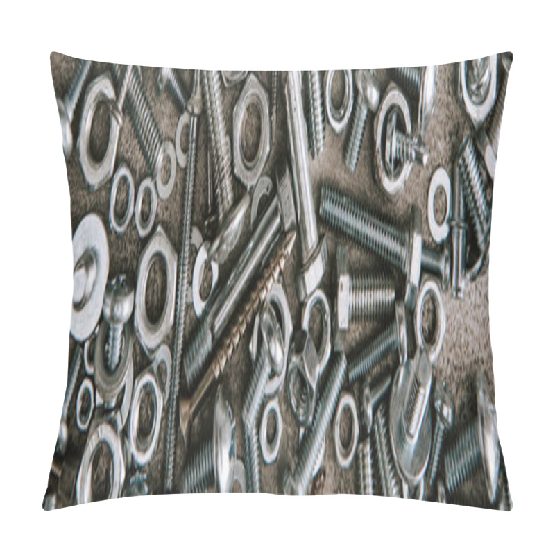 Personality  Top View Of Metal Screws And Nails Scattered On Grey Background, Panoramic Shot Pillow Covers