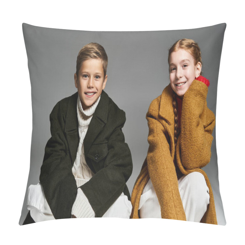 Personality  Two Children Showcase Their Cozy Winter Outfits, Exuding Warmth And Joy During Winter Days. Pillow Covers