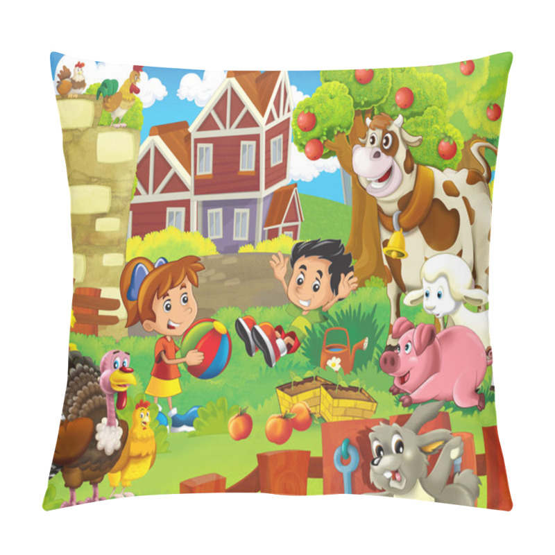 Personality  The Children On The Farm Playing With The Farm Animals 2 Pillow Covers