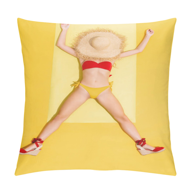 Personality  Top View Of Slim Woman With Hat Over Face Sunbathing On Beach Mat On Yellow Pillow Covers