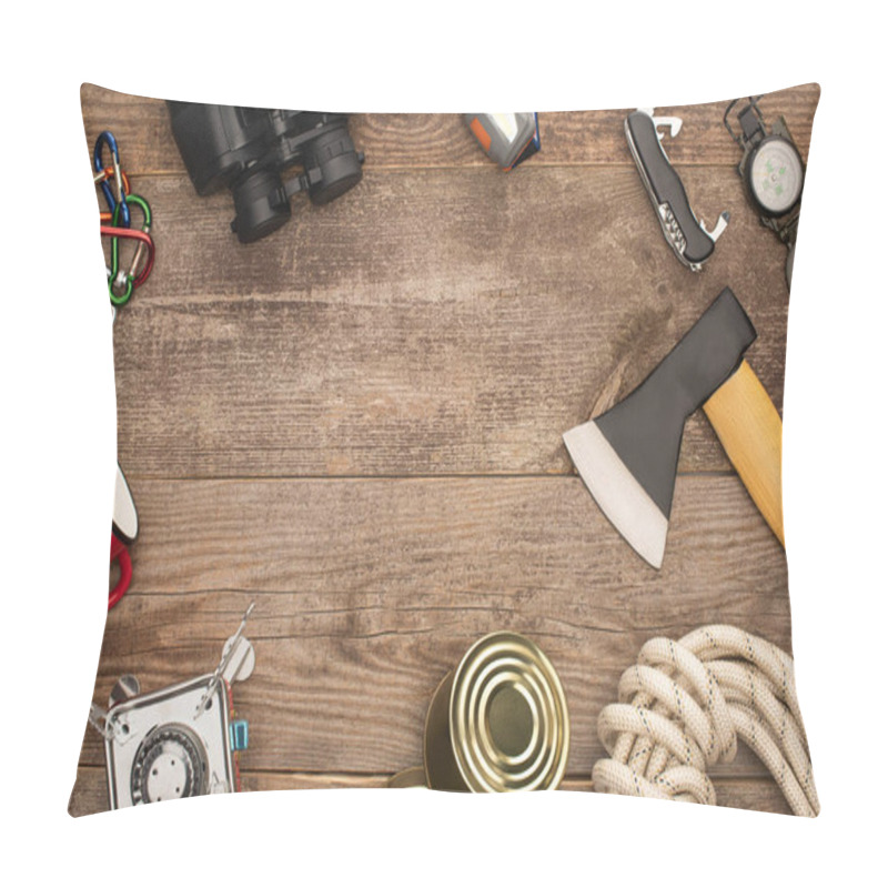 Personality  Top View Of Hiking Equipment On Wooden Table Pillow Covers