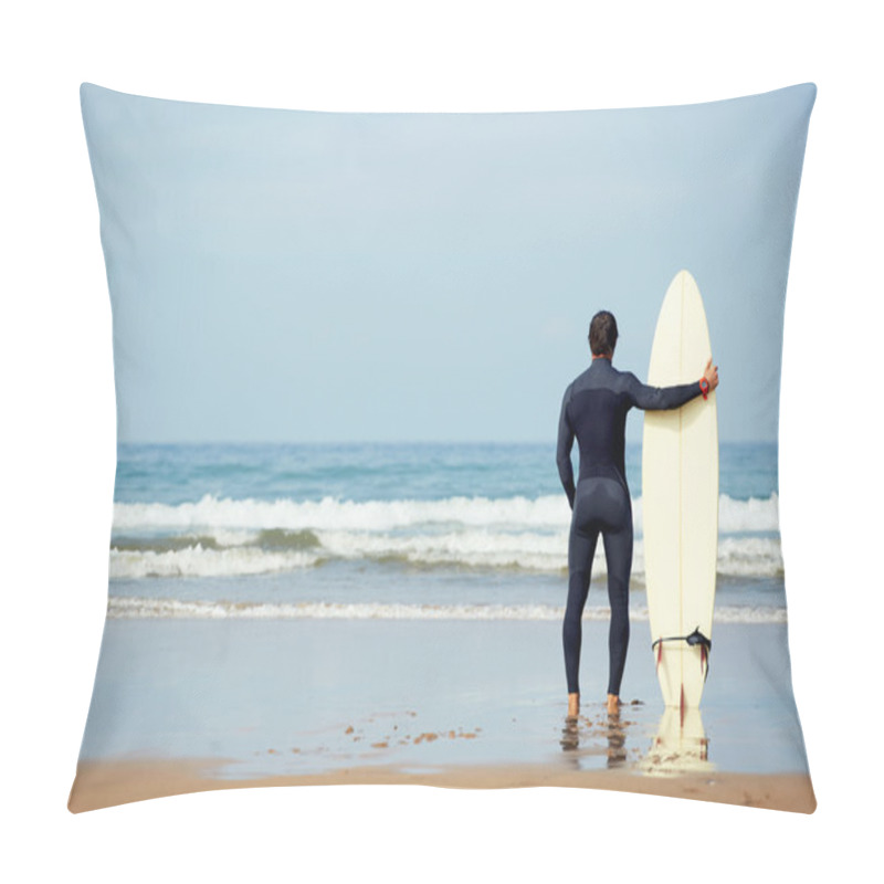 Personality  Attractive Young Surfer Holding Surfboard While Standing On The Beach Looking At Ocean To Find The Perfect Spot To Go Surfing Waves,professional Surfer With Surf Board Looking At Ocean, Filtered Image Pillow Covers