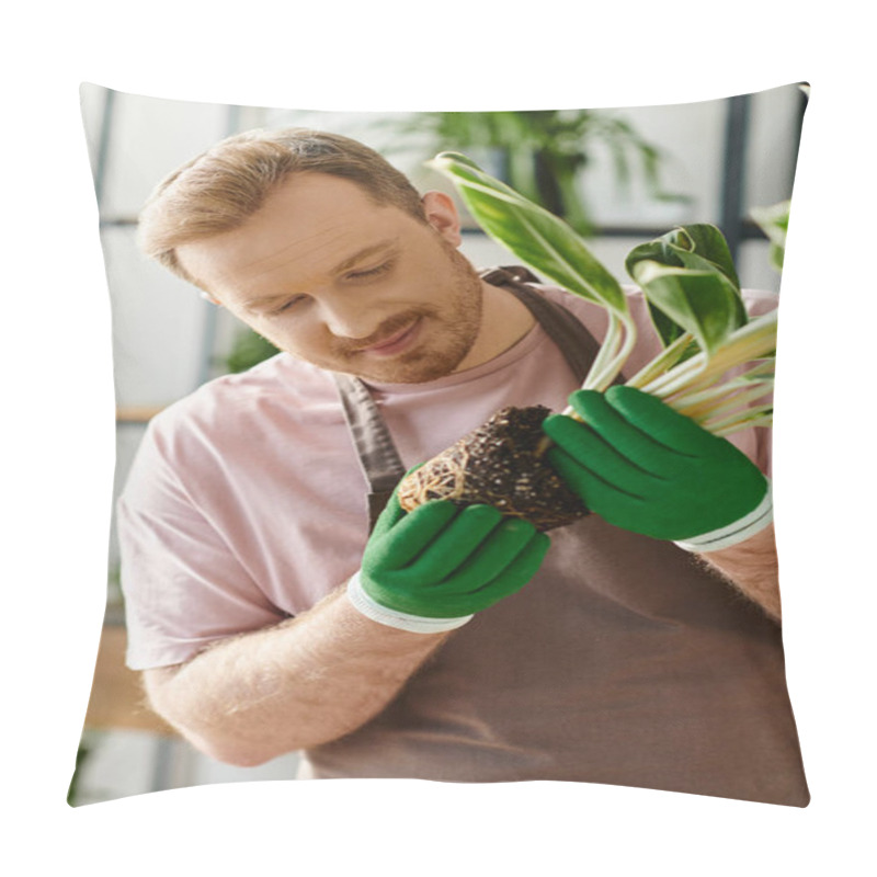 Personality  A Man Cradles A Potted Plant In His Hands, Showcasing Care And Growth In A Florist Shop Setting. Pillow Covers