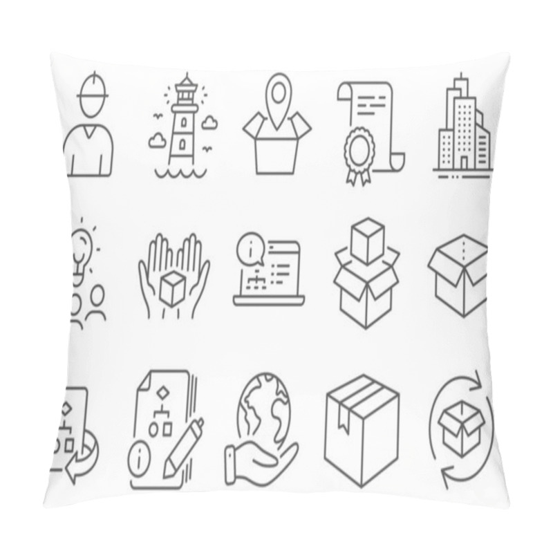 Personality  Set Of Industrial Icons, Such As Hold Box, Packing Boxes. Diploma, Ideas, Save Planet. Lighthouse, Parcel, Technical Algorithm. Open Box, Online Documentation, Skyscraper Buildings. Vector Pillow Covers