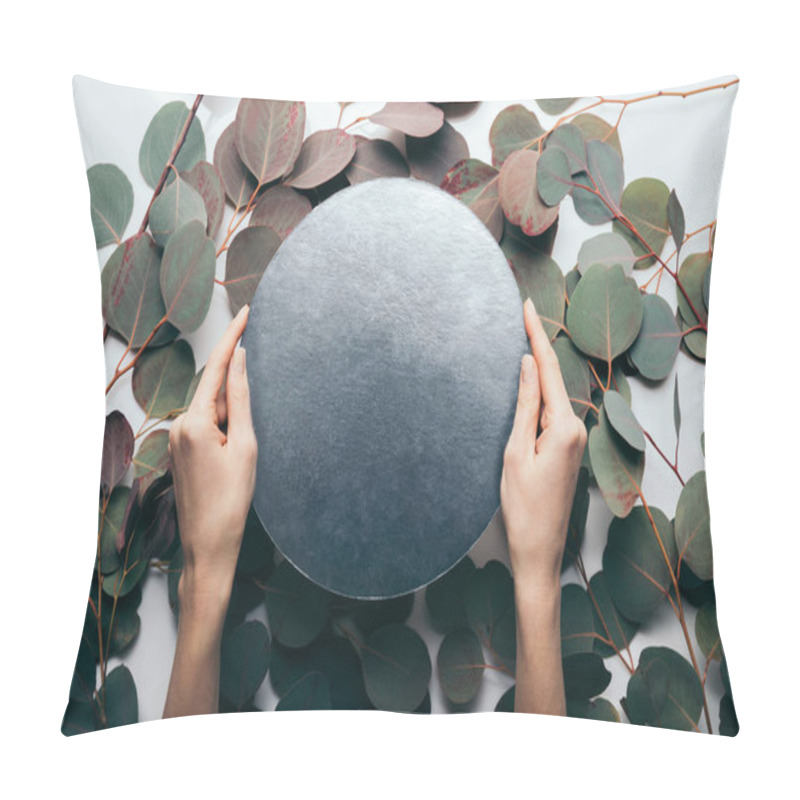 Personality  Cropped View Of Woman Holding Empty Black Round Frame On White With Eucalyptus Leaves  Pillow Covers