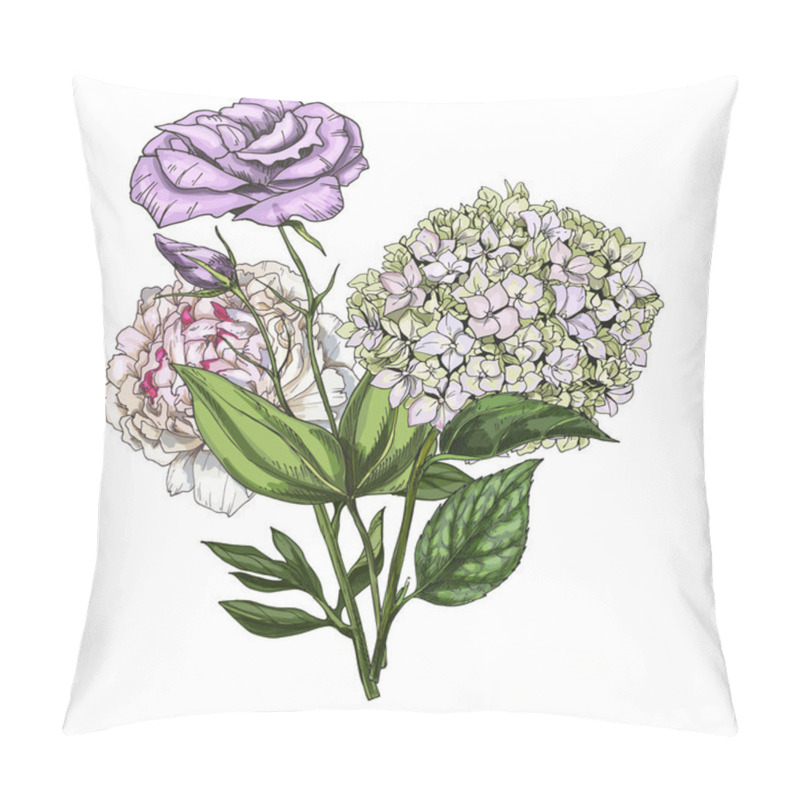 Personality  Hand Drawn Bouquet Of Phlox, Eustoma And Peony Flowers Isolated On White Background. Botanical Vector Illustration. Pillow Covers