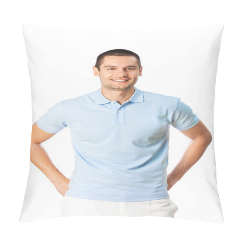 Personality  Portrait Of Happy Smiling Man, Isolated On White Pillow Covers