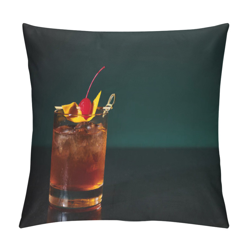 Personality  Thirst Quenching Esthetic Negroni With Cherry Full Of Ice On Black Backdrop, Concept Pillow Covers