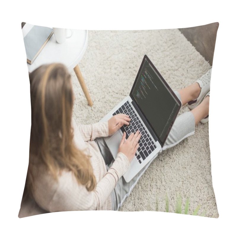 Personality  High Angle View Of Young Female Developer Coding With Laptop At Home Pillow Covers