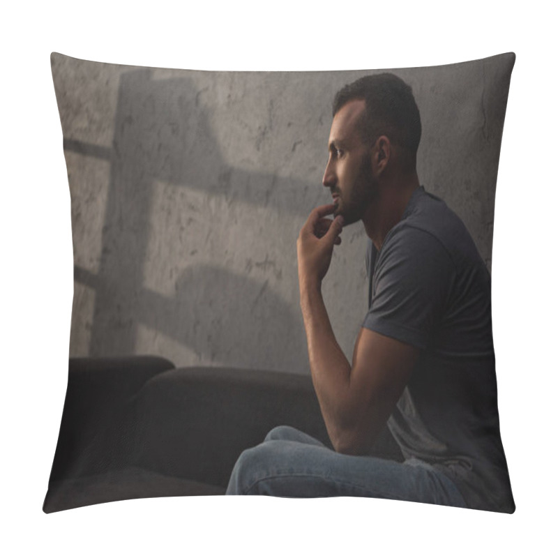 Personality  Upset Thoughtful Man Sitting On Sofa Pillow Covers