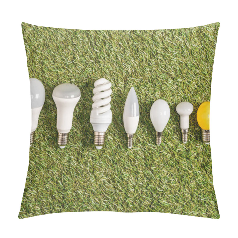 Personality  Flat Lay Of Fluorescent Lamps On Green Grass, Energy Efficiency Concept Pillow Covers