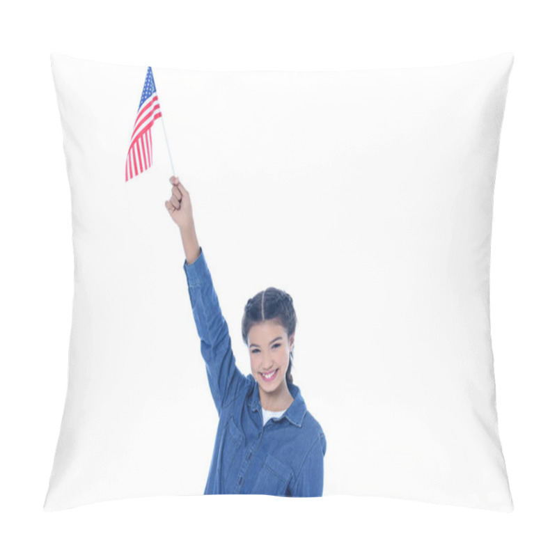 Personality  Happy Teenage Student Girl With Usa Flag In Raised Hand Isolated On White Pillow Covers