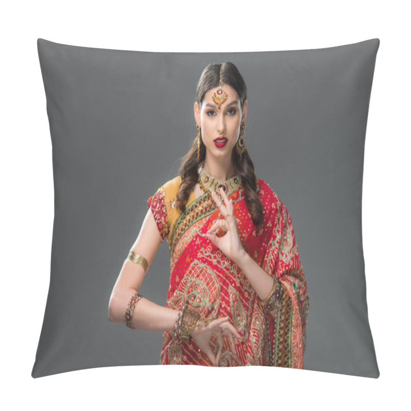 Personality  Attractive Indian Woman In Sari And Accessories With Gyan Mudra, Isolated On Grey  Pillow Covers