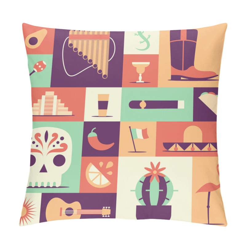 Personality  Mexico Icons Set. Sun, Moai Pyramid, Tequila, Mexico Map, Cactus, Guitar, Peyote, Sombrero, Chili, Maracas, Mexico Flag, Skull. Vector Mexican Poster Pillow Covers